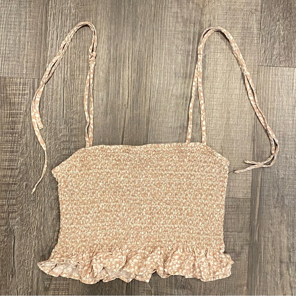 Beige Floral Smocked Cropped Top Medium